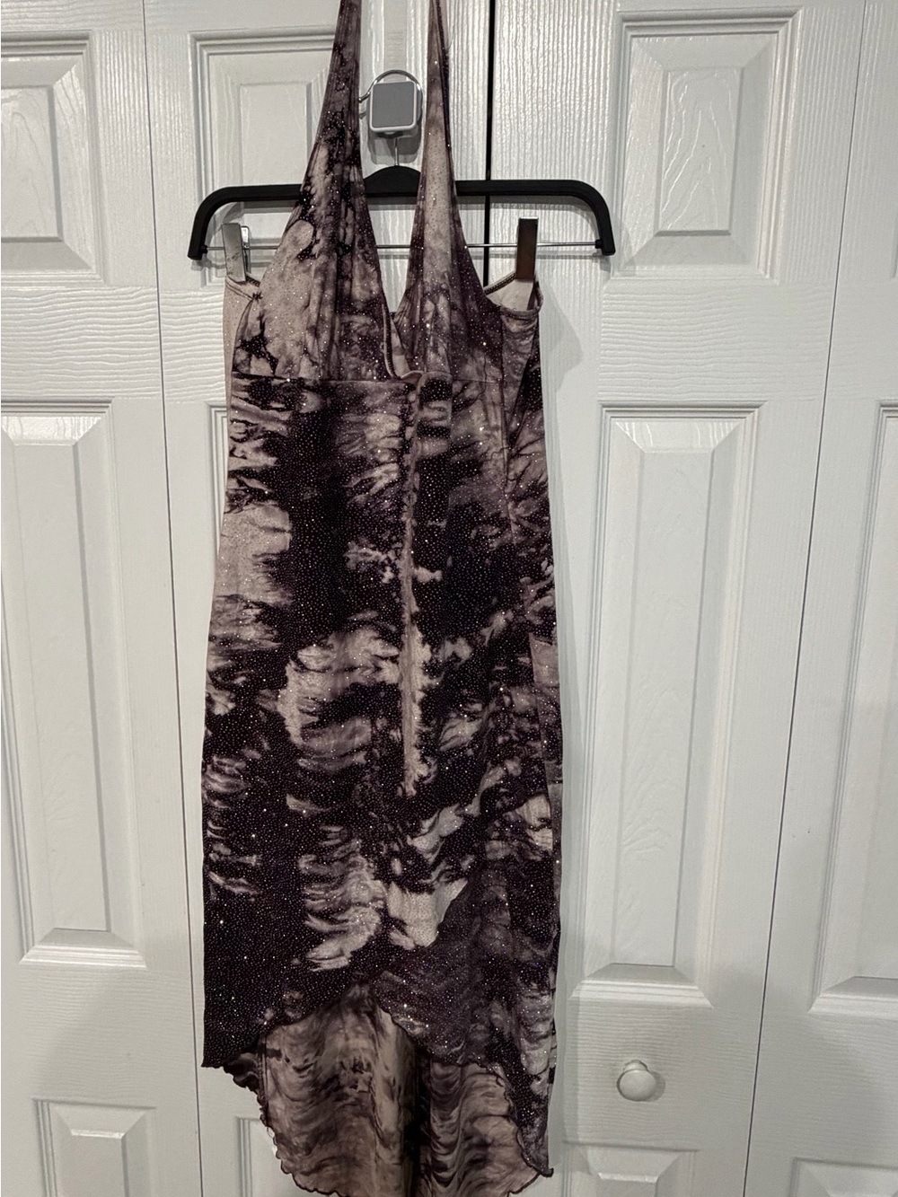 Hourglass Black and Cream Asymmetrical Tie-Dye Halter Dress